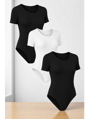 Alissa Kadın Pamuklu Likralı Penye Kısa Kol Bisiklet Yaka Siyah & Beyaz & Siyah 3'lü Çıtçıtlı Body