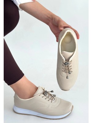 Butik Finna Bej Cilt Bağcıklı Spor Ayakkabı