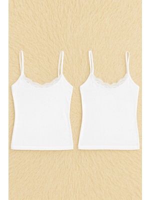 Alissa Kadın Pamuklu Likralı Dantelli Ip Askılı Penye 2'li Atlet