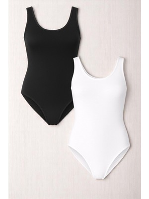 Alissa Kadın Pamuklu Likralı Penye Kalın Askılı Siyah & Beyaz 2'li Çıtçıtlı Body