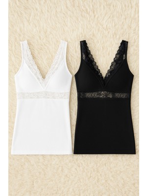 Alissa Kadın Modal Pamuklu Likralı Dantel Detaylı Askılı 2'li Atlet W6K6K0T7KA