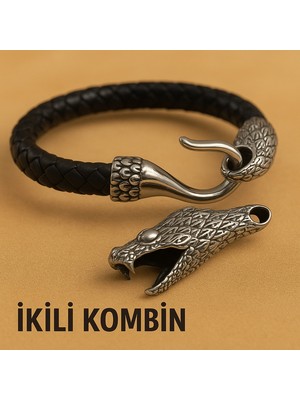 Sevgiliye Hediye Erkek Takı Seti Ikili Kombin Deri Bileklik ve Yılan Başlı Çelik Kolye