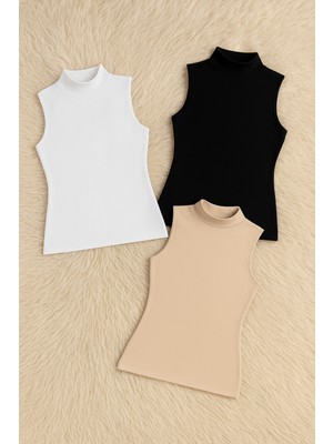 Alissa Kadın Pamuklu Likralı Sıfır Kol Balıkçı Yaka Penye 3'lü Atlet W6K2K3T6KA