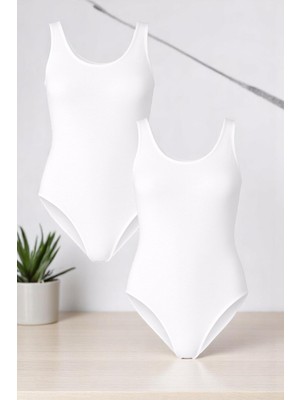 Alissa Kadın Pamuklu Likralı Penye Kalın Askılı Beyaz 2'li Çıtçıtlı Body