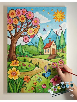 Dudu Gift 25 x 35 cm Resimli Tuval Çocuk Boyama Seti Ev ve Bahçe Renk Akrilik Boya ve 2 Fırça Adet Fırça