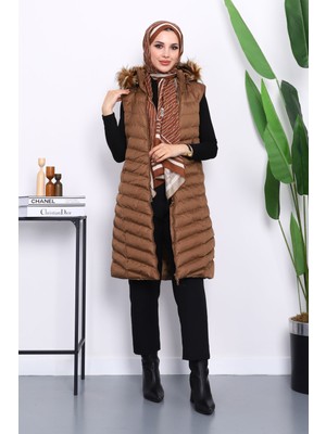 İmaj Butik Kahverengi Kapüşonlu Uzun Şişme Yelek