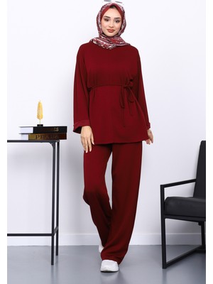 İmaj Butik Bordo Belden Bağlamalı Pantolon Cepli Modal Takım
