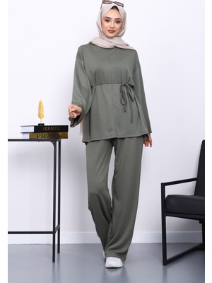 İmaj Butik Haki Belden Bağlamalı Pantolon Cepli Modal Takım