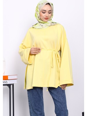 İmaj Butik Sarı Dikiş Detaylı Yanları Yırtmaçlı Sweatshirt