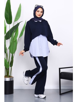 İmaj Butik Lacivert Pelerin Görünümlü Gömlek Pantolonlu Modal Takım