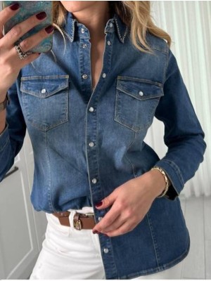 Kadın Çıt Çı Kapamalı Çift Cepli Yakası Taş Detaylı Likralı Slim Fit Üst Düzey Jean Gömlek