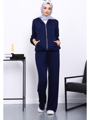 İmaj Butik Lacivert Kapşonlu Fermuarlı Kanguru Cepli Modal Takım