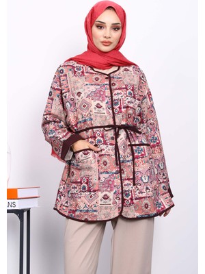 İmaj Butik Gül Kurusu Etnik Desenli Çıtçıtlı Ceket