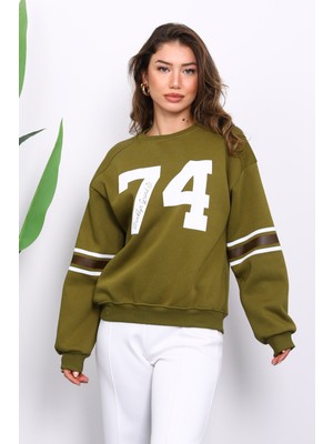 İmaj Butik Yağ Yeşili Ön Ve Kol Baskılı Üç İplik Sweat