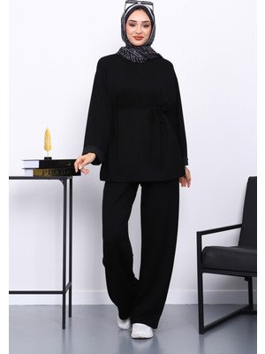 İmaj Butik Siyah Belden Bağlamalı Pantolon Cepli Modal Takım