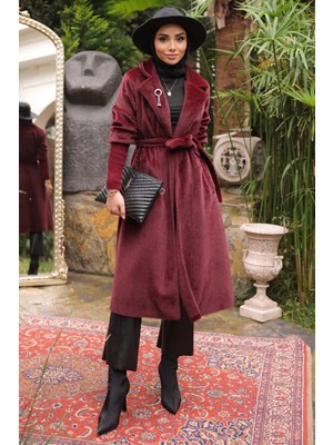 İmaj Butik Bordo Kolları Örgü Detaylı Angora Kaban