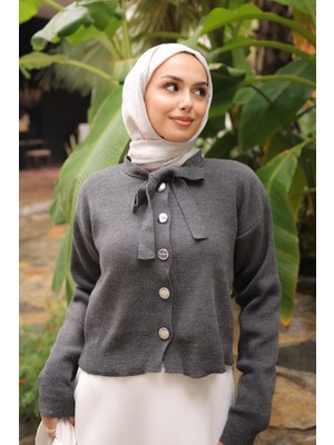 İmaj Butik Antrasit Yaka Bağlamalı Düğmeli Triko Hırka