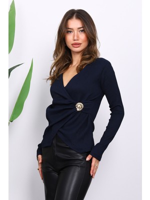 İmaj Butik Lacivert Toka Detaylı Kruvaze Yaka Fitilli Bluz
