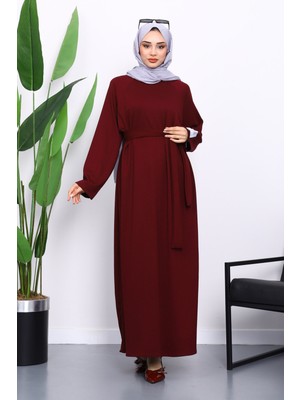 İmaj Butik Bordo Kolu Armalı Reglan Kol Basic Modal Kuşaklı Elbise