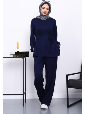 İmaj Butik Lacivert Belden Bağlamalı Pantolon Cepli Modal Takım