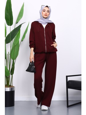 İmaj Butik Mürdüm Kapşonlu Fermuarlı Kanguru Cepli Modal Takım