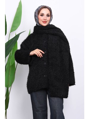İmaj Butik Siyah Atkılı Detaylı Düğmeli Angora Ceket