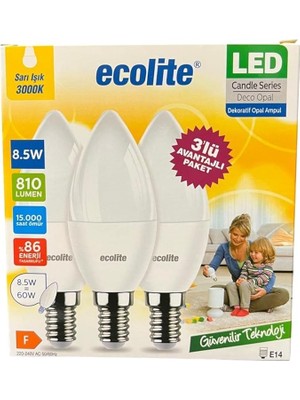 8.5W LED Mum Ampul – E14 Duy, 810 Lümen, 3000K Sarı Işık, 60W Eşdeğer, 3’lü Paket, Opal Dekoratif Ampul, Dimmer Uyumlu Değil,%86 Enerji Tasarrufu, 99X37 mm (Sarı)