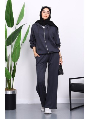 İmaj Butik Antrasit Kapşonlu Fermuarlı Kanguru Cepli Modal Takım