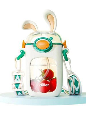 Misda Store 400ML Sevimli Tavşanlar Kulaklı Askılı Pipetli Tritan Çocuk Su Matarası (Beyaz)