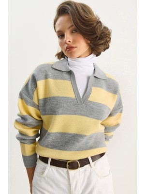 Shade Kadın Çizgili Polo Yaka Triko Kazak