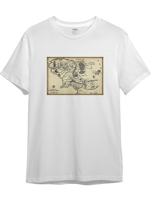 The Lucid Lab Yüzüklerin Efendisi Orta Dünya Haritası - Lord Of The Rings Tişört - Beyaz