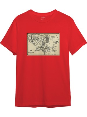 The Lucid Lab Yüzüklerin Efendisi Orta Dünya Haritası - Lord Of The Rings Tişört - Kırmızı