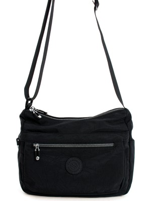 Sanmorris Glc Kadın Çok Gözlü Suya Dayanıklı Krinkıl Kumaş Siyah Renkli Çapraz Askılı Omuz Çantası