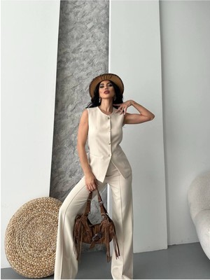 Bella Breeze Kadın Alt Üst Takım Şık Düğme Detaylı Premium Yelek Pantolon Ikili Takım Elbise
