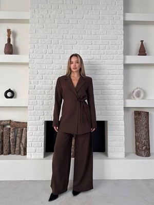 Bella Breeze Kadın Yandan Bağlamalı Kuşaklı Blazer Ceket Palazzo Pantolon Ikili Takım Elbise