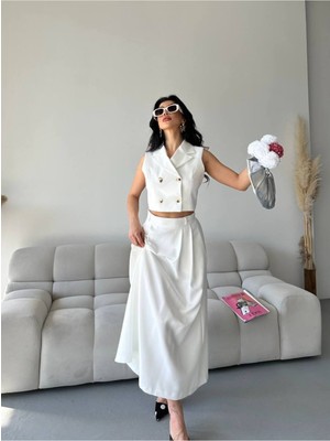 Bella Breeze Kadın Alt Üst Takım Düğme Detaylı Premium Yelek Etek Ikili Takım Elbise