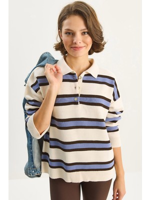 Shade Kadın Çizgili Polo Yaka Triko Kazak
