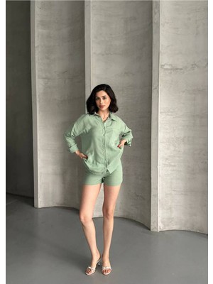 Bella Breeze Kadın Keten Görünümlü Yazlık Gömlek Şort Ikili Takım
