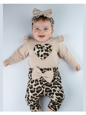 Asliva Bebek Takımı Kız Bebek Leopar Desenli Fiyonklu Bandanalı 0-12 Ay Bej/gül Kurusu