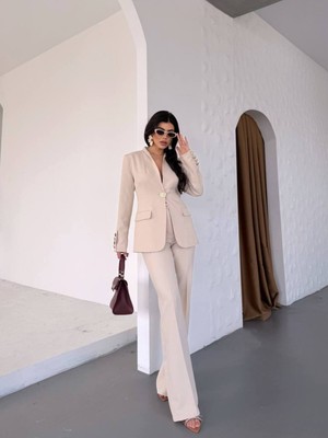 Bella Breeze Kadın Gold Kurabiye Düğmeli Blazer Ceket Palazzo Pantolon Takım Elbise