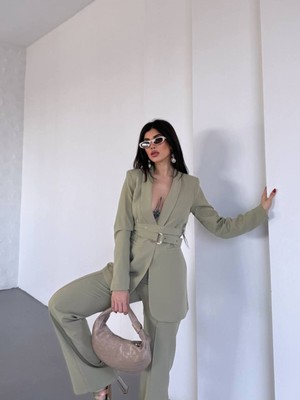 Bella Breeze Kadın Ikili Kemer Detay Ceket Palazzo Pantolon Premium Takım Elbise