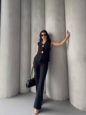 Bella Breeze Kadın Gold Kurabiye Düğmeli Yelek Pantolon Takım Elbise