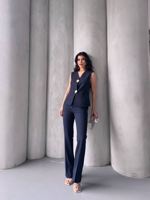 Bella Breeze Kadın Gold Kurabiye Düğmeli Yelek Pantolon Takım Elbise