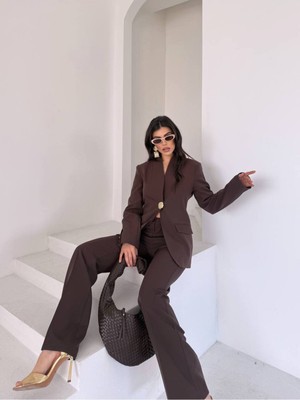 Bella Breeze Kadın Gold Kurabiye Düğmeli Blazer Ceket Palazzo Pantolon Takım Elbise