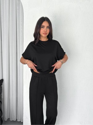 Bella Breeze Kadın Modal Kumaş Kısa Kollu T-Shirt Düğme Detaylı Eşofman Takımı