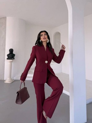 Bella Breeze Kadın Gold Kurabiye Düğmeli Blazer Ceket Palazzo Pantolon Takım Elbise