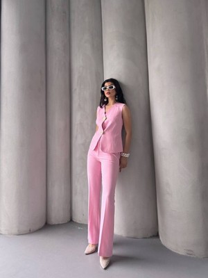 Bella Breeze Kadın Gold Kurabiye Düğmeli Yelek Pantolon Takım Elbise