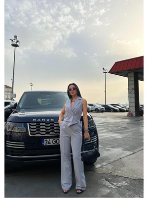 Bella Breeze Kadın Çizgili Asimetrik Kesim Yelek Palazzo Pantolon Takım Elbise