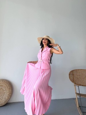 Bella Breeze Kadın Kemerli Düğmeli Yelek Pileli Etek Takım Elbise