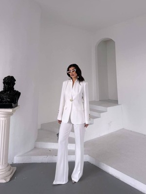 Bella Breeze Kadın Gold Kurabiye Düğmeli Blazer Ceket Palazzo Pantolon Takım Elbise